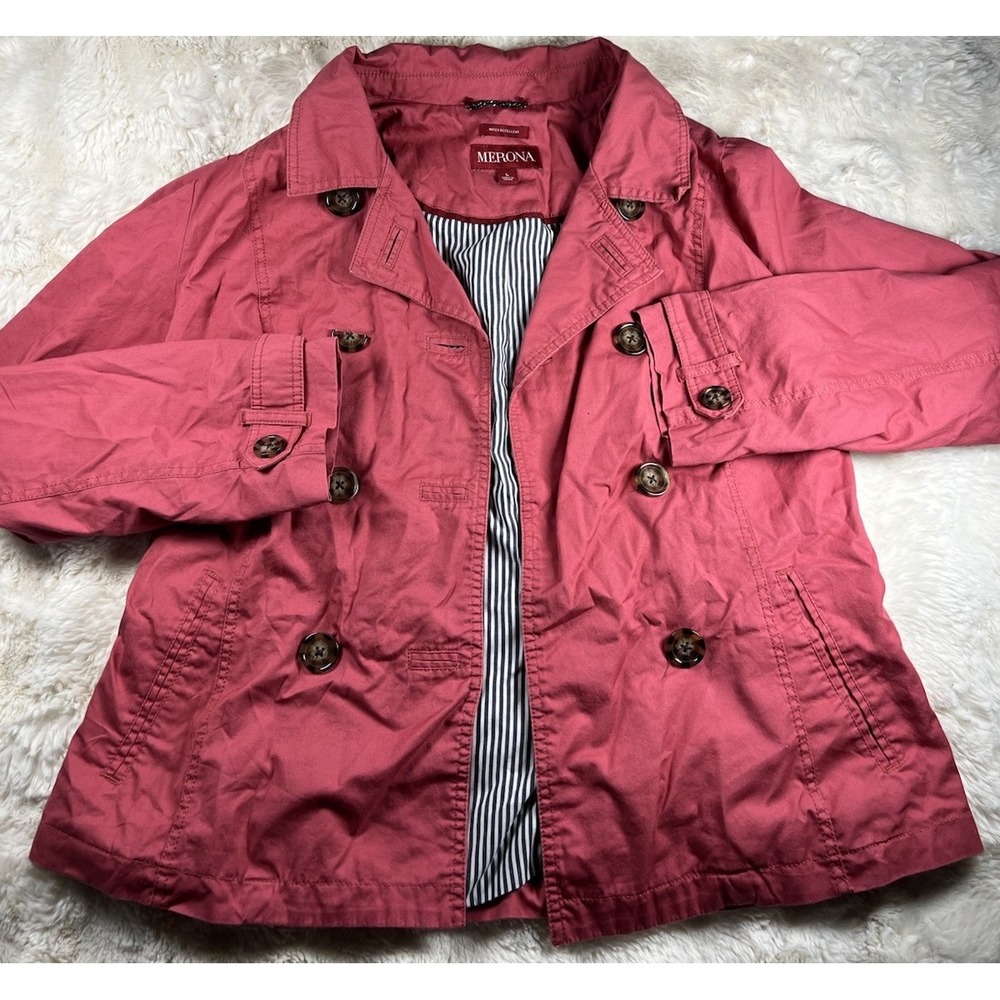 Merona Womens Large Pink Water Repellent Trench Coat Double Breasted Striped Lin